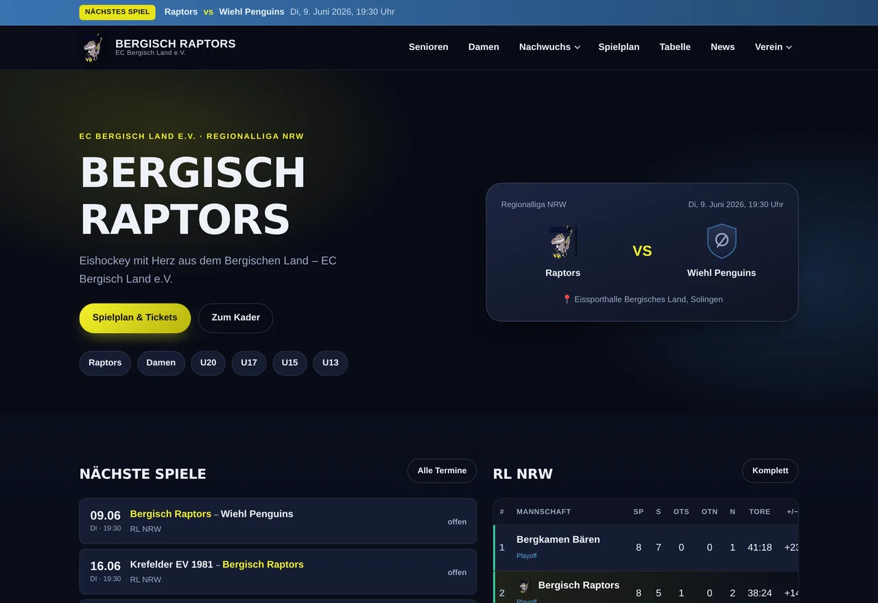Bergisch Raptors — echte, live ausgelieferte Website von Lumerux